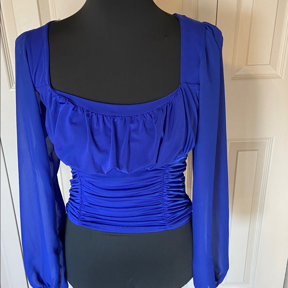 Apricot Lane NWT Bright Blue Long Sleeve Rouched Crop Top Women's Size Large